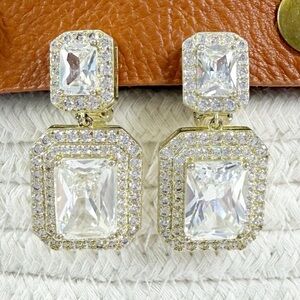 Joan Boyce Gold Clear Crystal Dangle Rectangle Halo Clip On Earrings